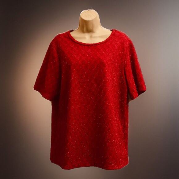 Kathie Lee Top Womens 18W/20W Argyle Pullover Red Polyester S/SLV Sparkle USA - Picture 2 of 11
